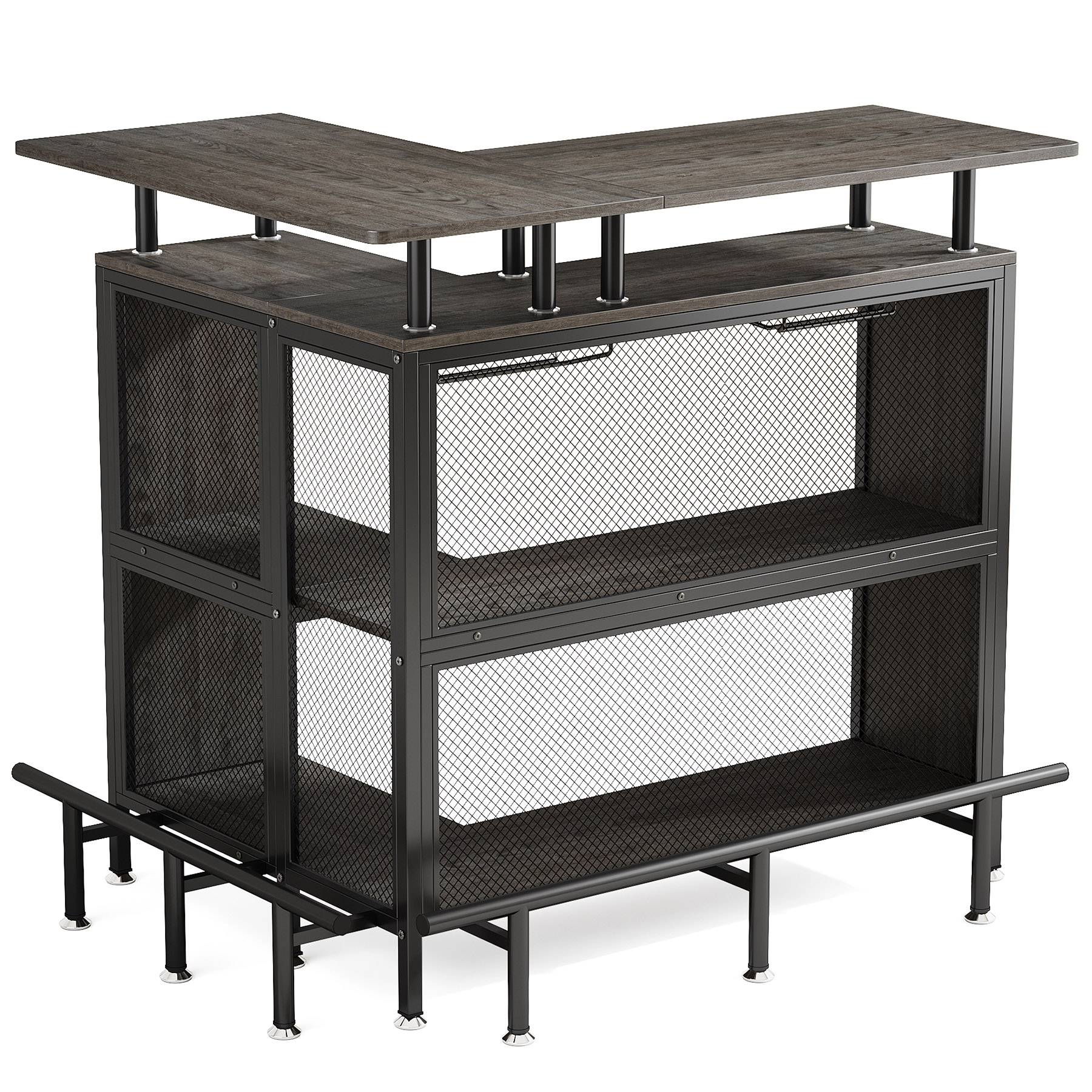 Home Bar Unit, L-Shaped Liquor Bar Table with Glasses Holders & Shelves Tribesigns
